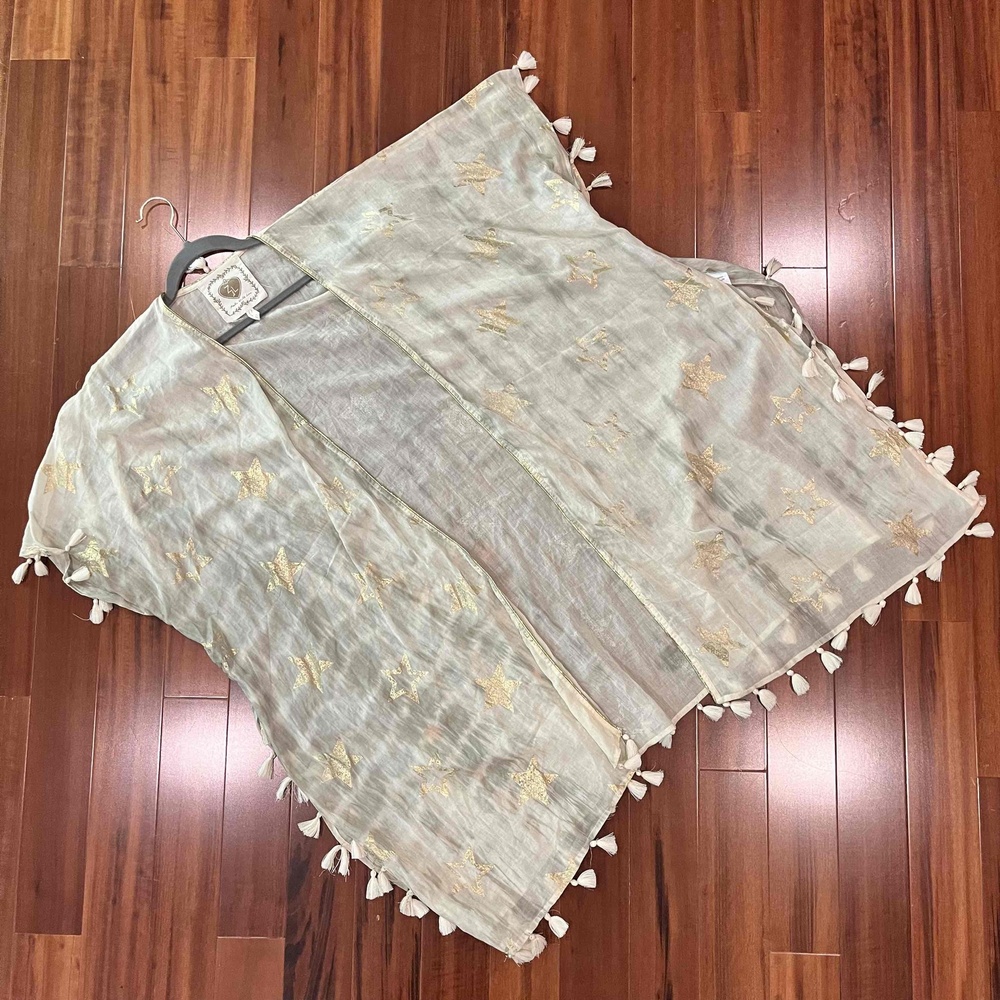 Z&L‎ Light Beige Cotton Kimono Coverup Star Pattern Sheer Tassels Swim Size OS